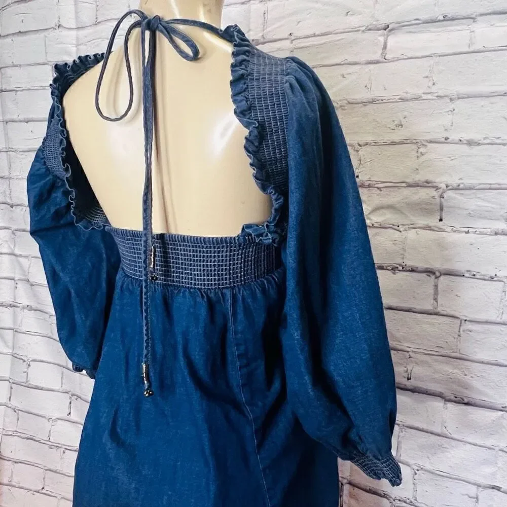 Free People Womens Dark Blue Smocked Balloon Sleeve Bodydoll Mini Dress Medium